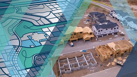 side-by-side images of a map graphic and an overhead view of a new housing development under construction