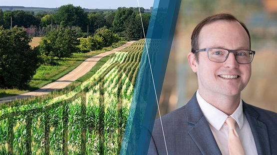 Photo collage featuring a farmed field with an inflation graph overlaid on the left and a portrait of Joe Mahon on the right.