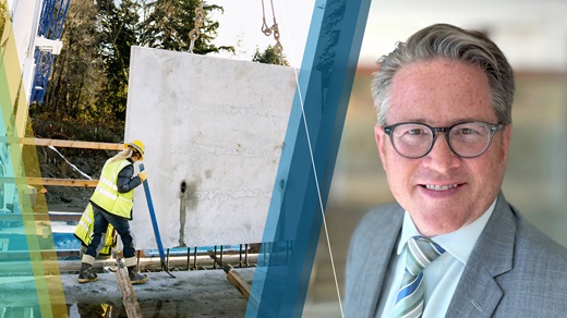 Side-by-side image of a construction worker setting a large concrete panel, and a portrait of Ron Wirtz