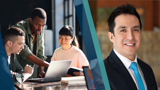 Diverse group of three workers collaborating in an office on the left with an image of event speaker Erick Garcia Luna on the right