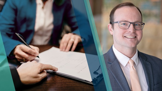 Collage of two images with a close-up of two professionals signing paperwork on the left and a portrait of Joe Mahon on the right