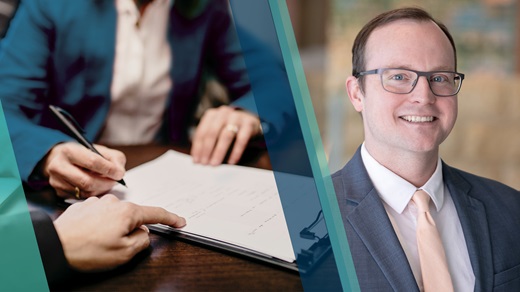 Collage of two images with a close-up of two professionals signing paperwork on the left and a portrait of Joe Mahon on the right