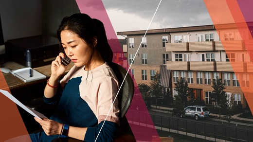 Image of a stressed landlord reviewing documents beside a stormy image of a multifamily housing complex