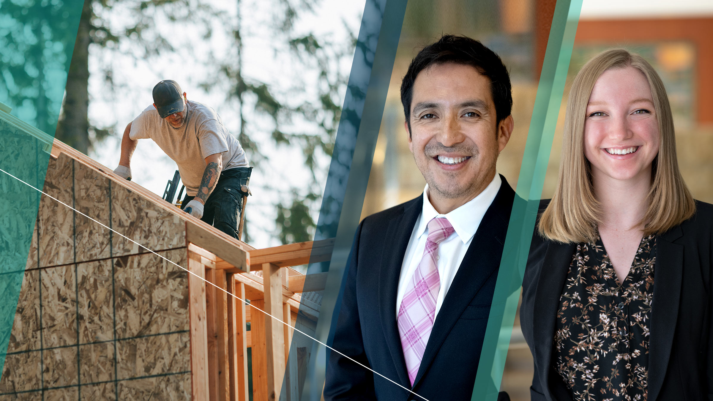 Collage featuring a construction worker framing a house beside portraits of Erick Garcia Luna and Haley Chinander