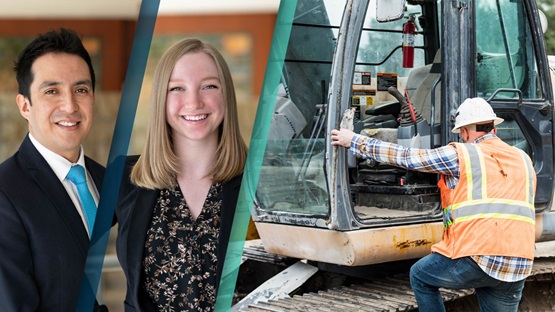 Portraits of presenters Luna and Chinander beside an image of a construction worker climbing into excavation equipment
