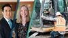 Portraits of presenters Luna and Chinander beside an image of a construction worker climbing into excavation equipment