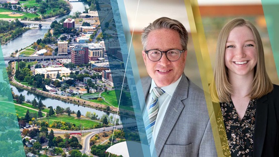 Aerial view of Missoula MT beside portraits of Ron Wirtz and Haley Chinander