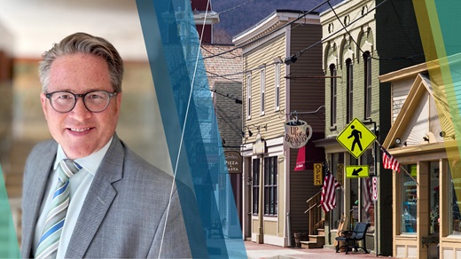 Portrait of Ron Wirtz beside an image of main street businesses in a small town