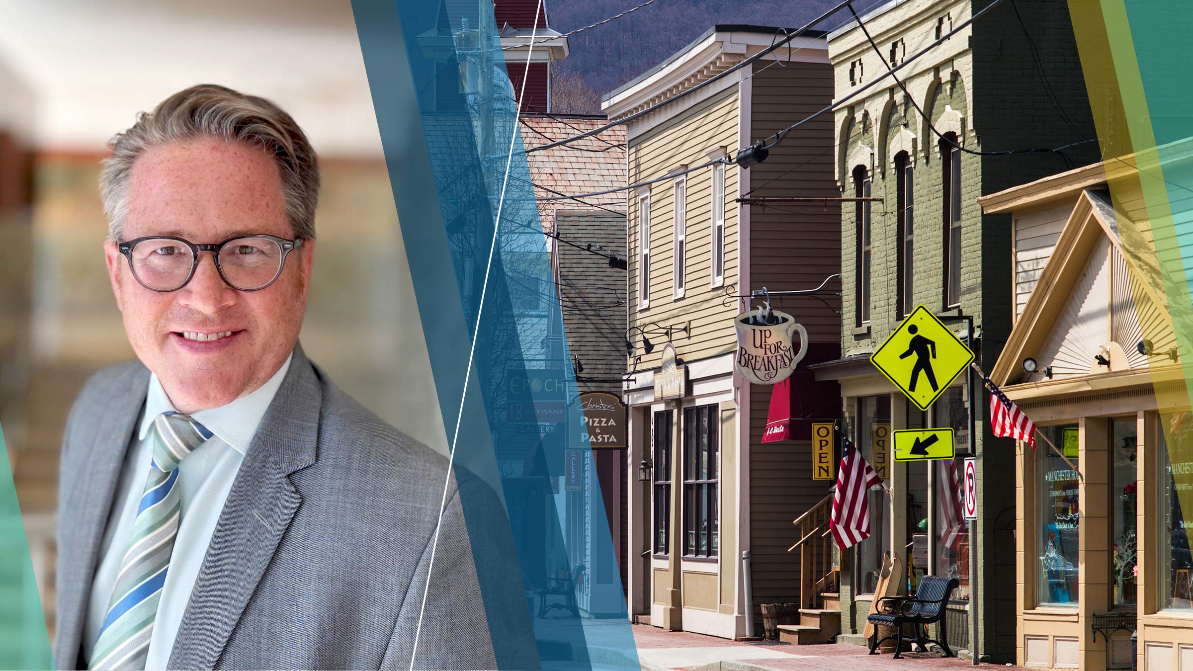 Portrait of Ron Wirtz beside an image of main street businesses in a small town