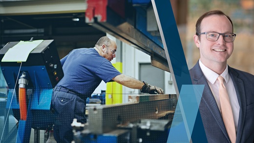 Image of manufacturing worker next to portrait of Joe Mahon