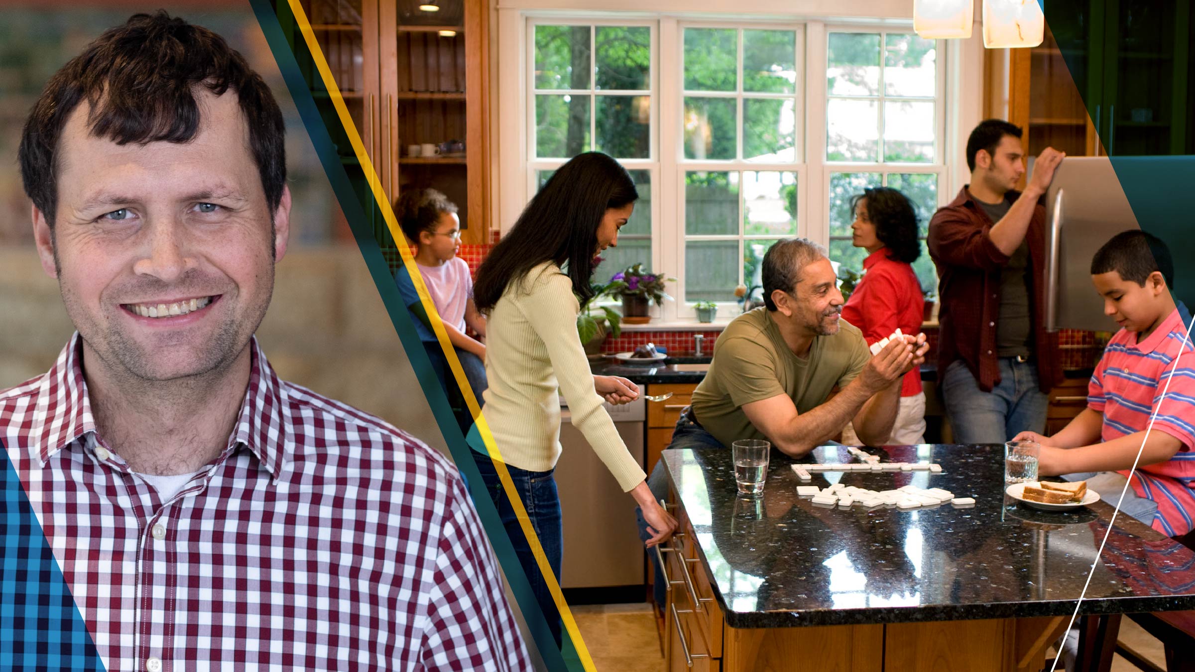 Erik Hembre beside image of a family in a home kitchen