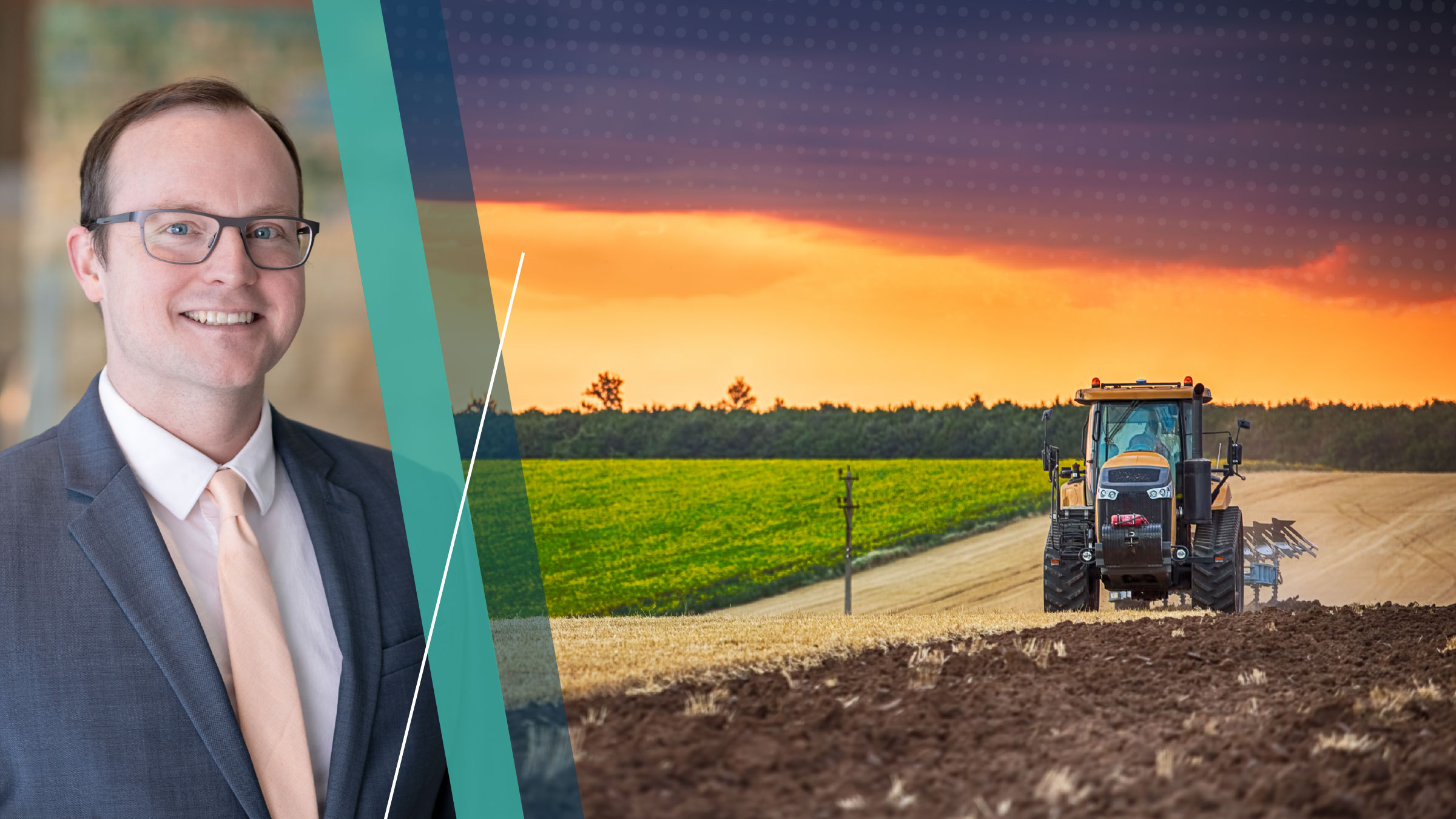 Two-part image with a portrait of Joe Mahon on the left and a tractor preparing land with a cultivator