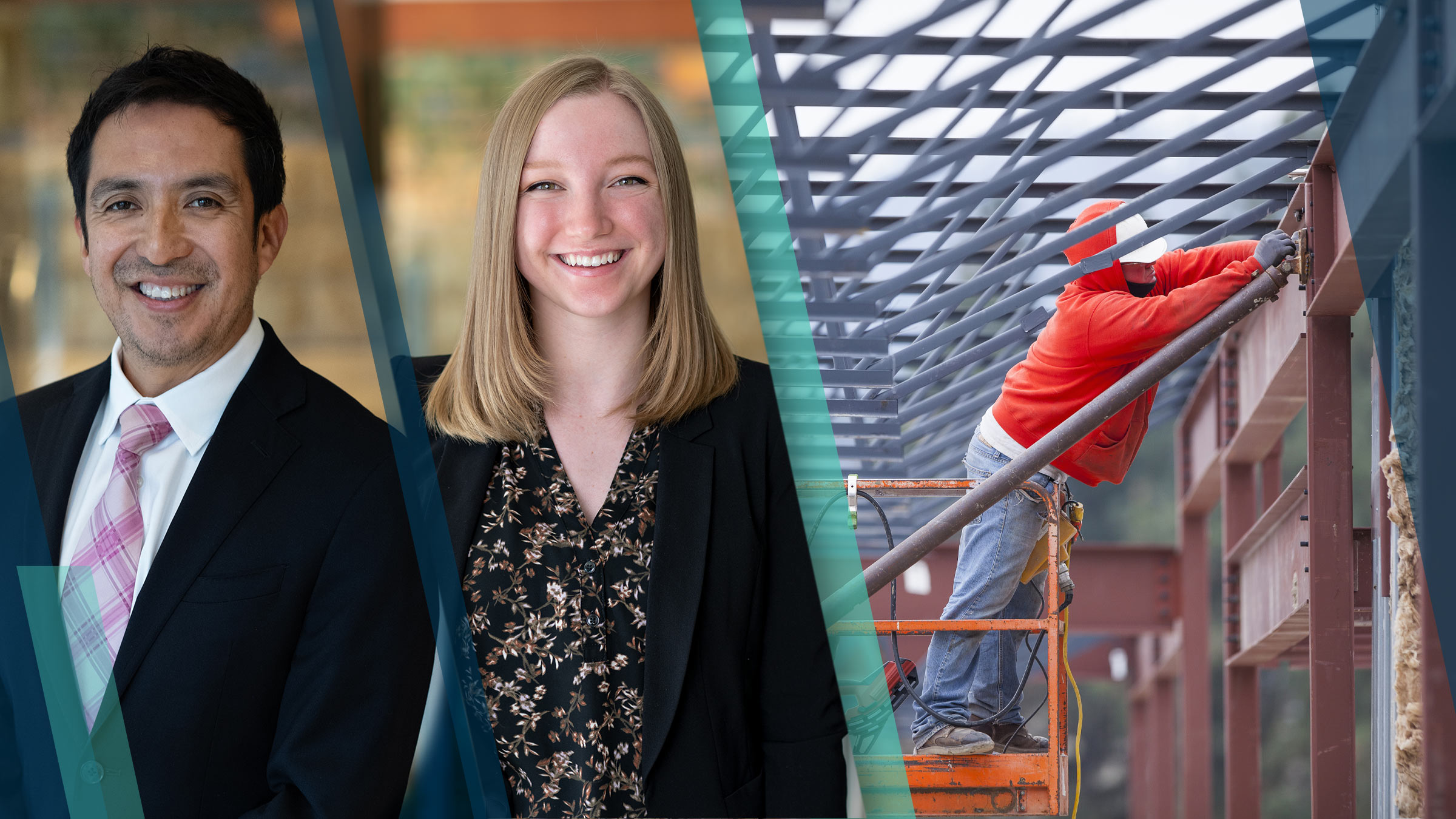Photo collage featuring portraits of Erick Garcia Luna and Haley Chinander alongside an image of a construction worker securing bolts to a steel I-beam