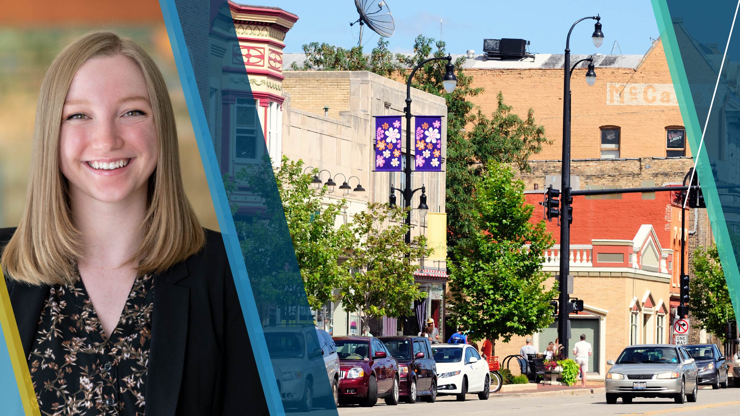 Portrait of Haley Chinander beside an image of businesses along a small town's main street