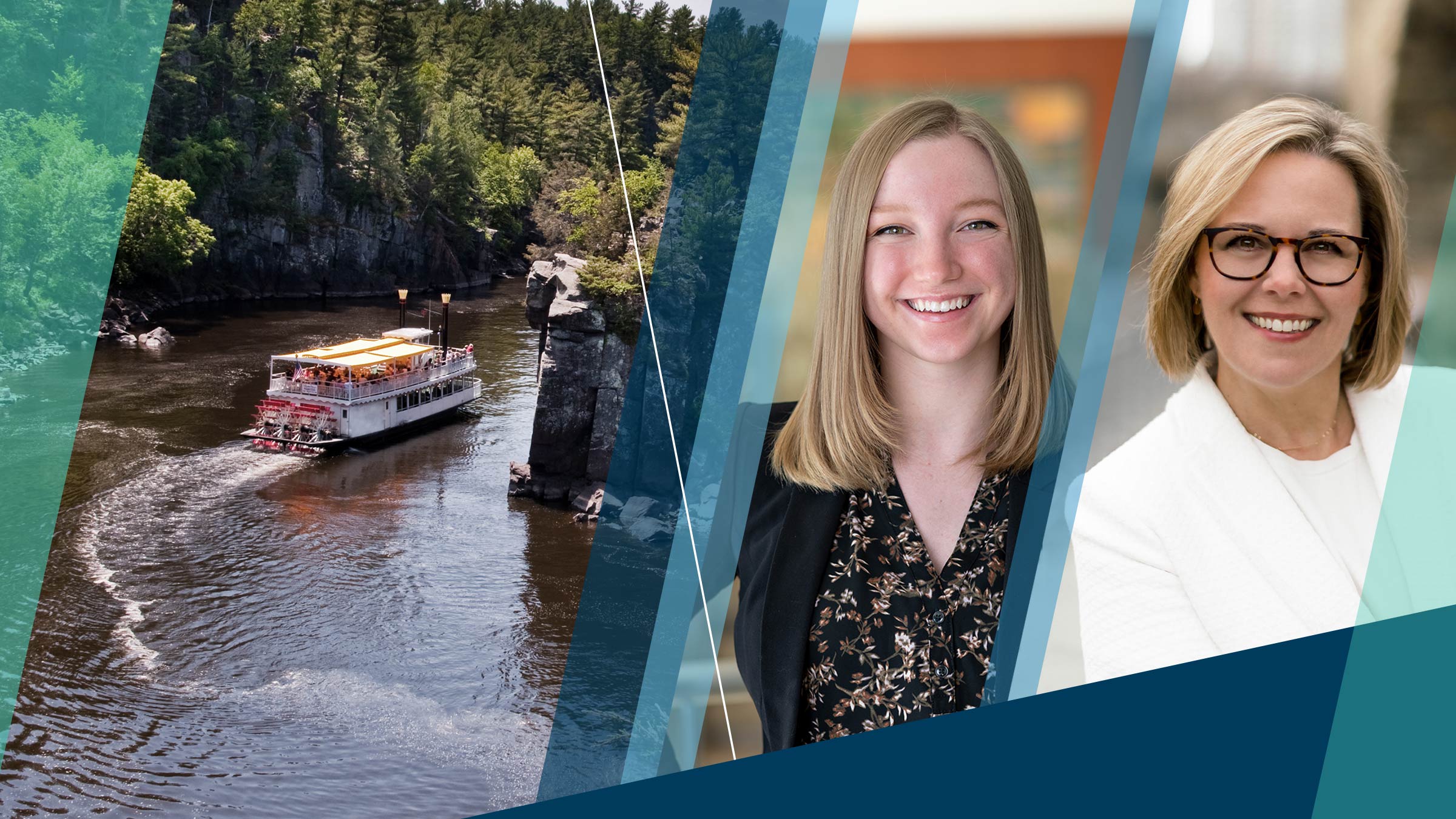 Portrait of Haley Chinander and Angie Whitcomb beside an image of a paddleboat traversing the St. Croix river between Minnesota and Wisconsin