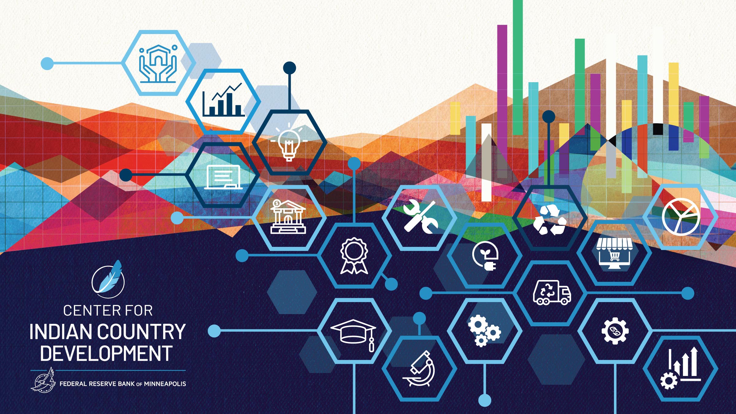 Colorful stylized graphic landscape with vibrant charts and technology-related elements layered on top