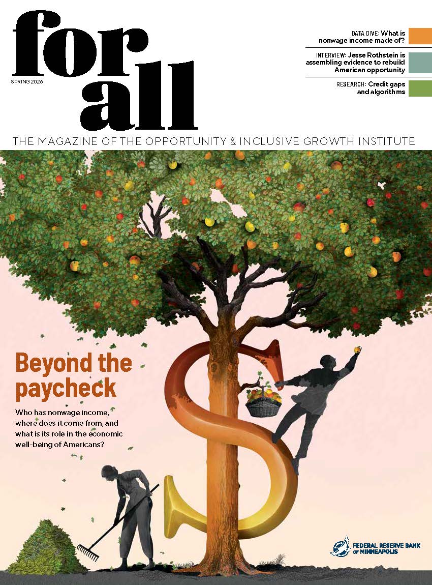 Magazine cover of For All featuring illustration of people working around a money tree