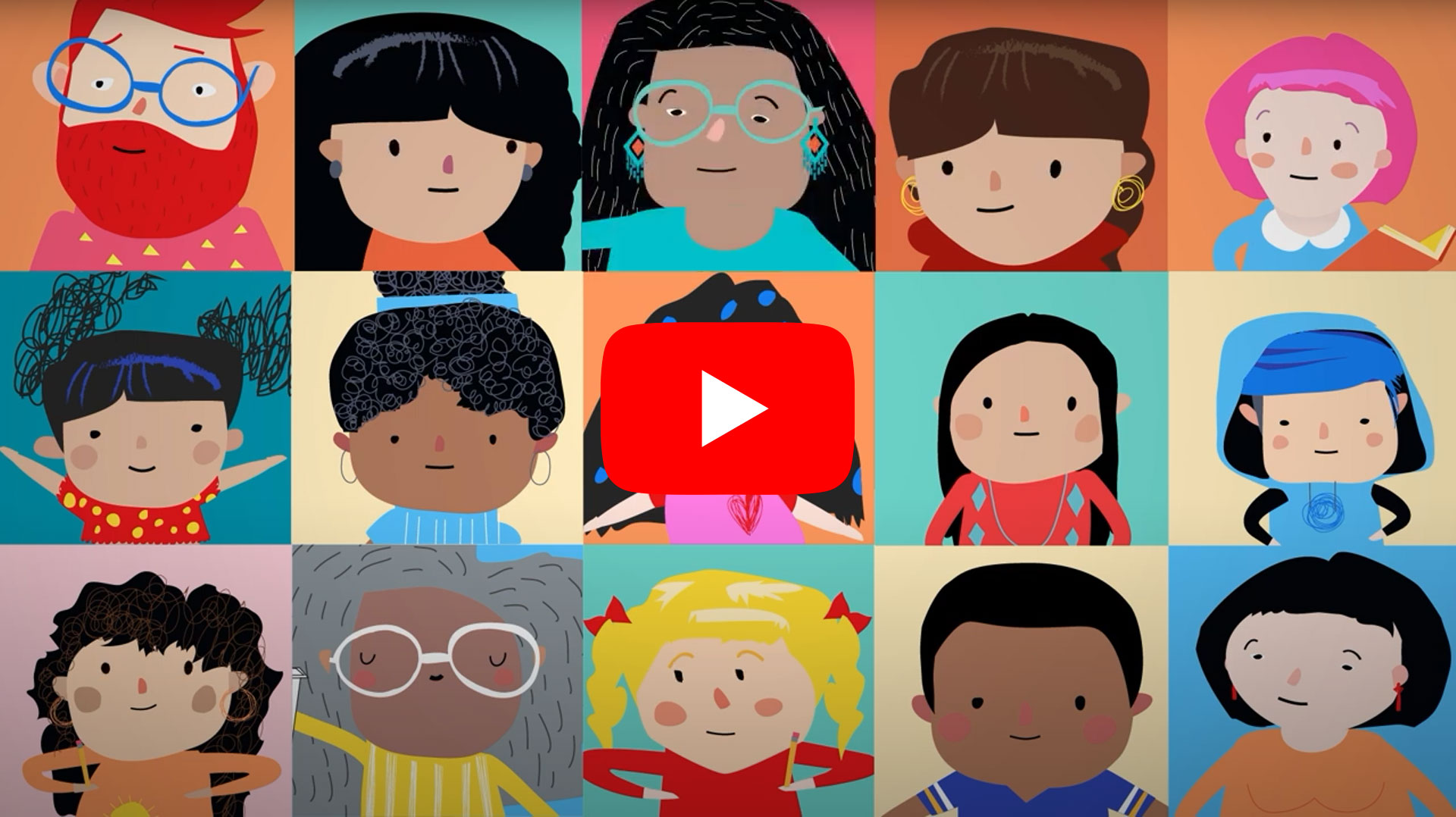 Graphic of illustrated children with a video play button