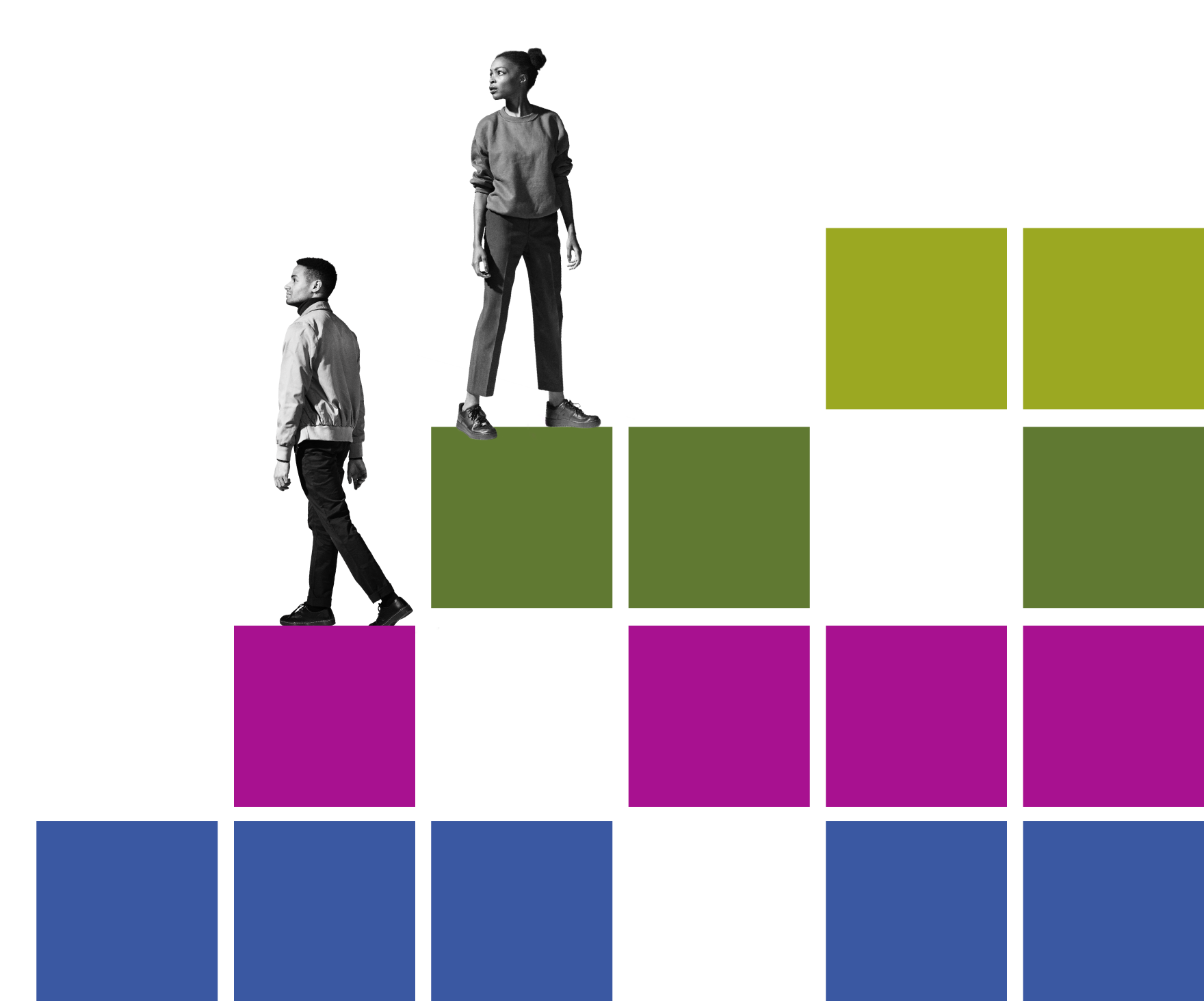 Racism and the economy graphic - blue, fuschia, green, and lime blocks with figures on top