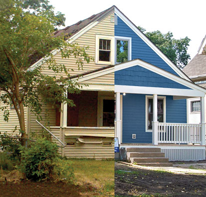 A before-and-after composite of a formerly vacant home in North Minneapolis. City of Lakes Community Land Trust, one of the organizations that participated in a recent survey of Minnesota Land trusts, led the property's rehabilitation.