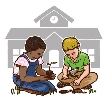 Children plant an edible garden on the grounds of their school.