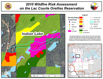 Using GIS (geographic information system) technology, students at Lac Courte Oreilles Ojibwa Community College conducted a fire-risk assessment for the 77,000-acre Lac Courte Oreilles Indian Reservation.