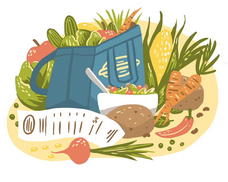 North Minneapolis food, detail with shopping bag, 2 column