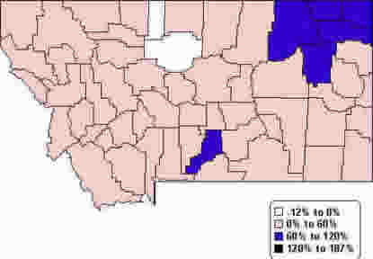 Montana Map: Percent change in per capita personal income-1990-2000