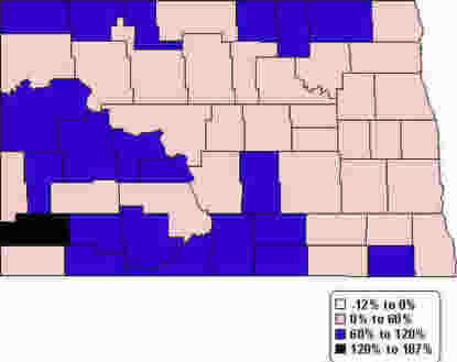 North Dakota Map: Percent change in per capita personal income-1990-2000