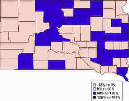 South Dakota Map: Percent change in per capita personal income-1990-2000