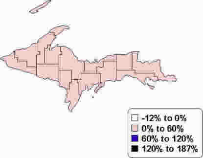 Upper Peninsula Map: Percent change in per capita personal income, 1990-2000