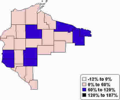Wisconsin Map: Percent change in per capita personal income-1990-2000