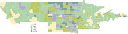 Map: Ninth District Number of Bank Officers per 10,000 People, 2003