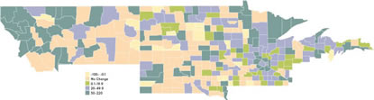 Map: Ninth District Percent Change in Number of Bank Offices, 1990-2003