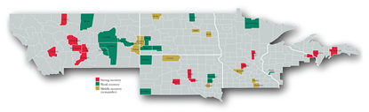 Map: Ninth District Counties with Employment Shocks, 1990-1993