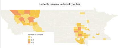 Map: Hutterite colonies in district counties