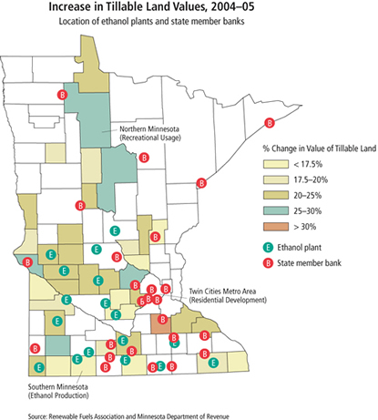 map: Increase in Tillable Land Values, 2004-05