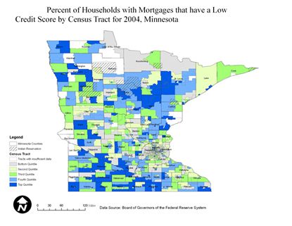 Minnesota Percentage of Households with Mortgages that Have a Low Credit Score by Census Tract, 2004