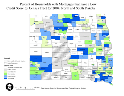 Chart: North and South Dakota Percentage of Households with Mortgages that Have a Low Credit Score by Census Tract, 2004