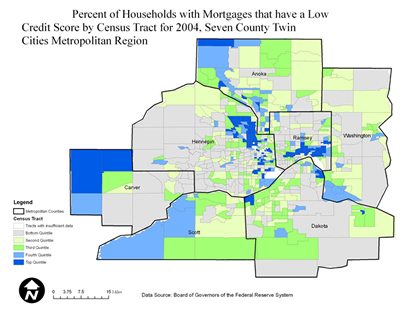 Twin Cities Metro Percentage of Households with Mortgages that Have a Low Credit Score by Census Tract, 2004