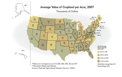 United States Map: Average Value of Cropland per Acre, 2007