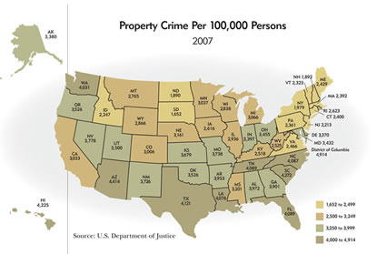 United States Map: Proprerty Crime Per 100,000 Persons, 2007