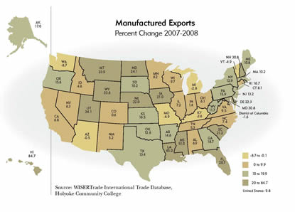 United States Map: Manufactured Exports, Percent Change 2007-2008