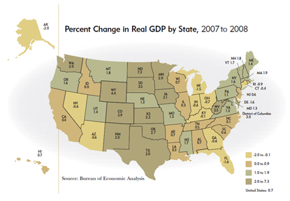 Percent Change in Real GDP by State, 2007 to 2008