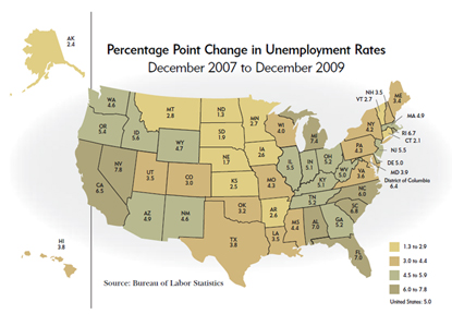 Percent Point Change in Unemployment Rates, December 2007 to December 2009