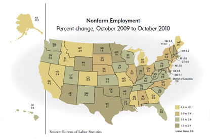 Nonfarm Employment - Percent change, October 2009 to October 2010