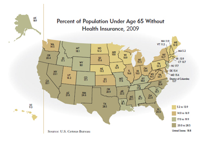 Percent of Population Under Age 65 Without Health Insurance, 2009