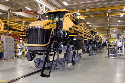 Newly assembled field sprayers lined upfor what at the AGCO plant in Jackson, Minn.