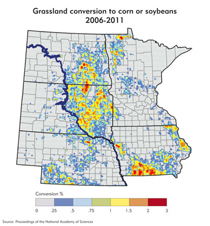 Grassland conversion to corn or soybeans, 2006-2011