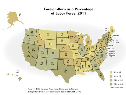 Foreign-Born as a Percentage of Labor Force, 2011